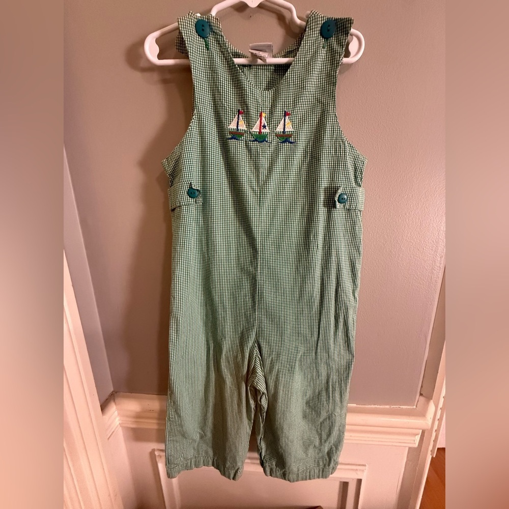 Chez Ami Green Gingham Sailboat Smocked Jon Jon Longall Boys 4T